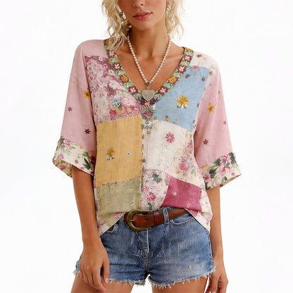 Angela - Women's Patchwork Floral V-Neck Blouse
