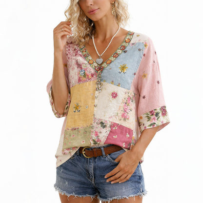 Angela - Women's Patchwork Floral V-Neck Blouse