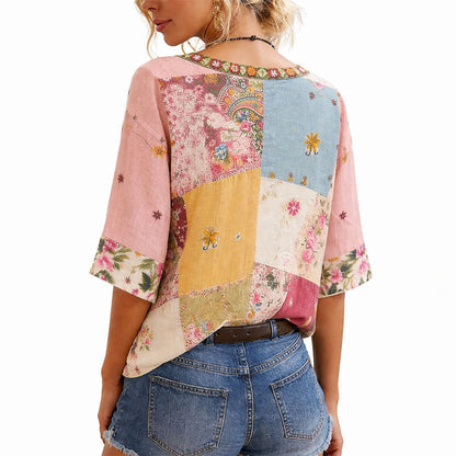 Angela - Women's Patchwork Floral V-Neck Blouse