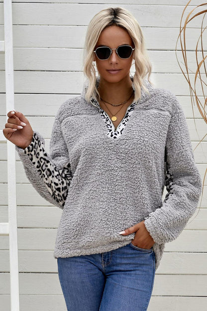 Animal Print Quarter-Zip Sherpa Sweatshirt