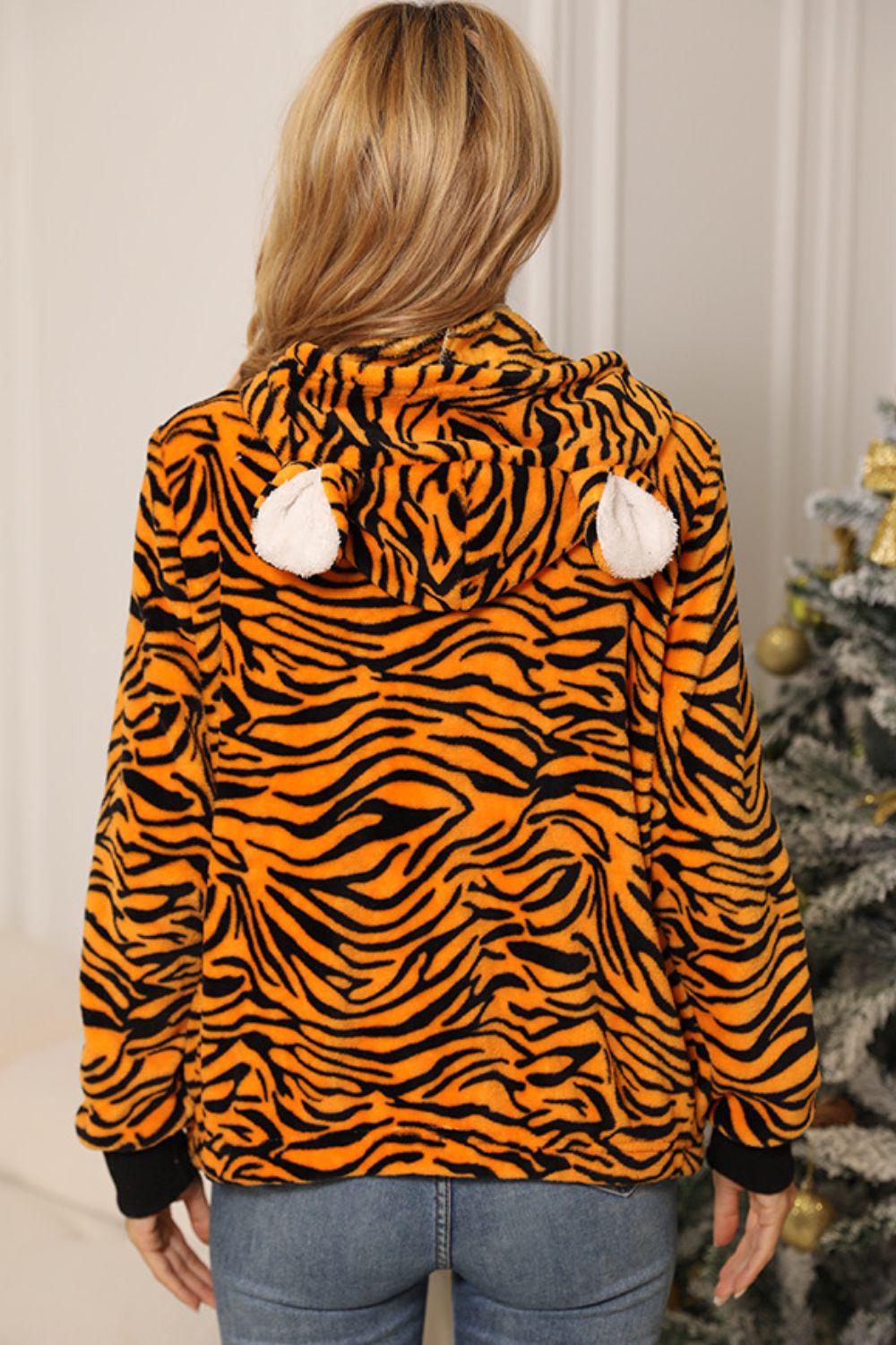 Animal Print Zip-Up Hooded Flannel Jacket