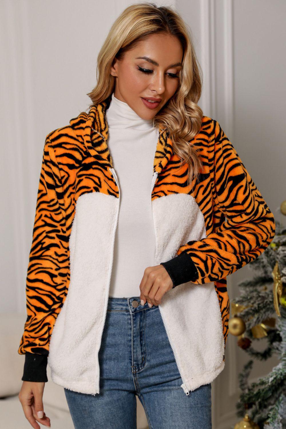 Animal Print Zip-Up Hooded Flannel Jacket