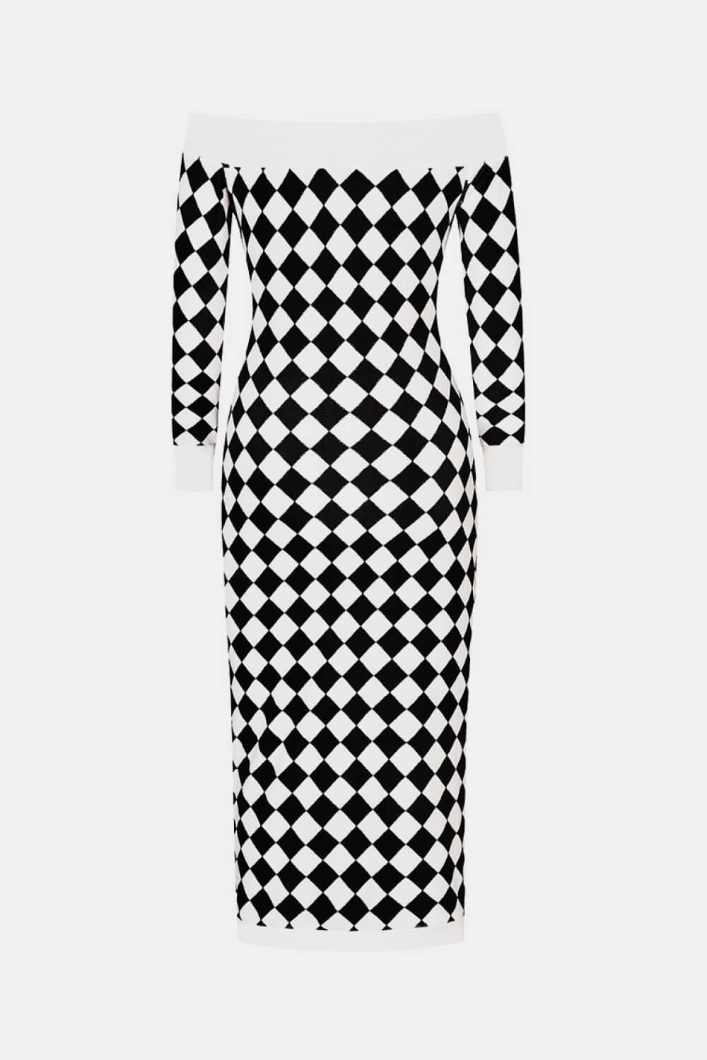 Argyle Off-Shoulder Slit Plush Midi Dress