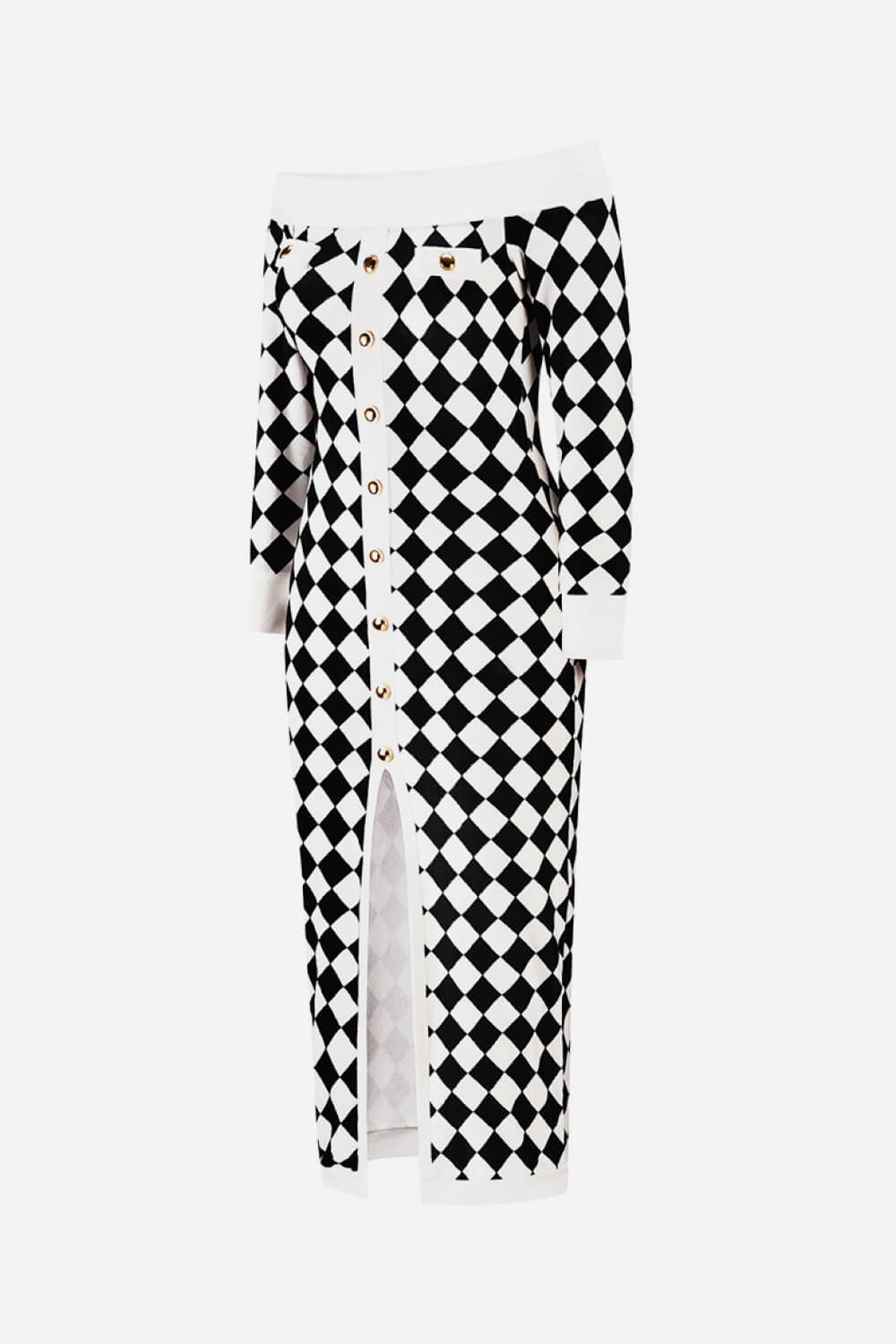 Argyle Off-Shoulder Slit Plush Midi Dress