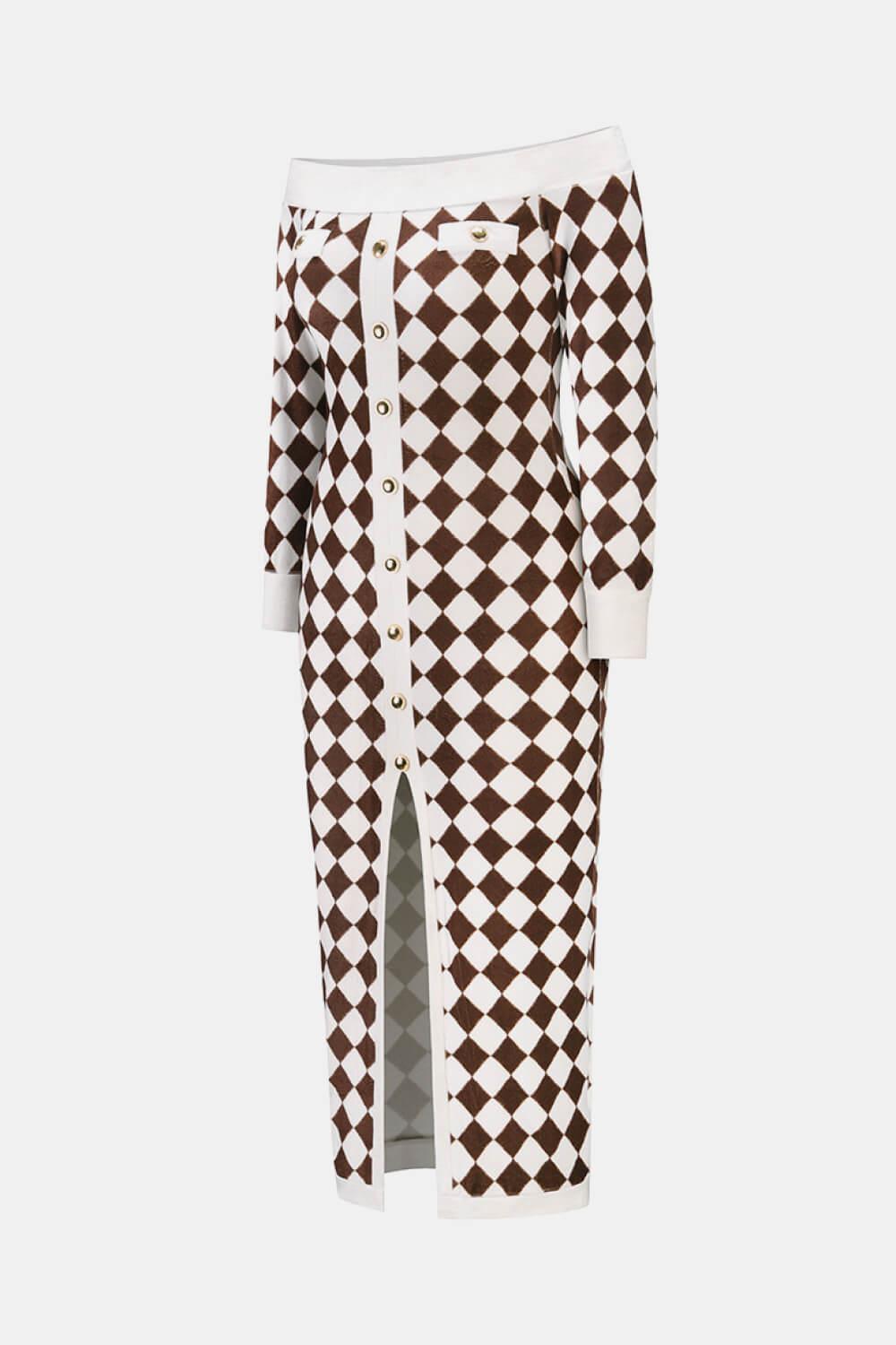 Argyle Off-Shoulder Slit Plush Midi Dress