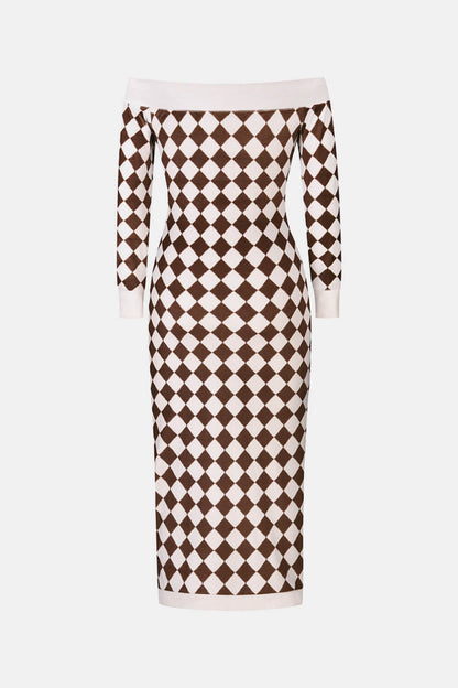 Argyle Off-Shoulder Slit Plush Midi Dress