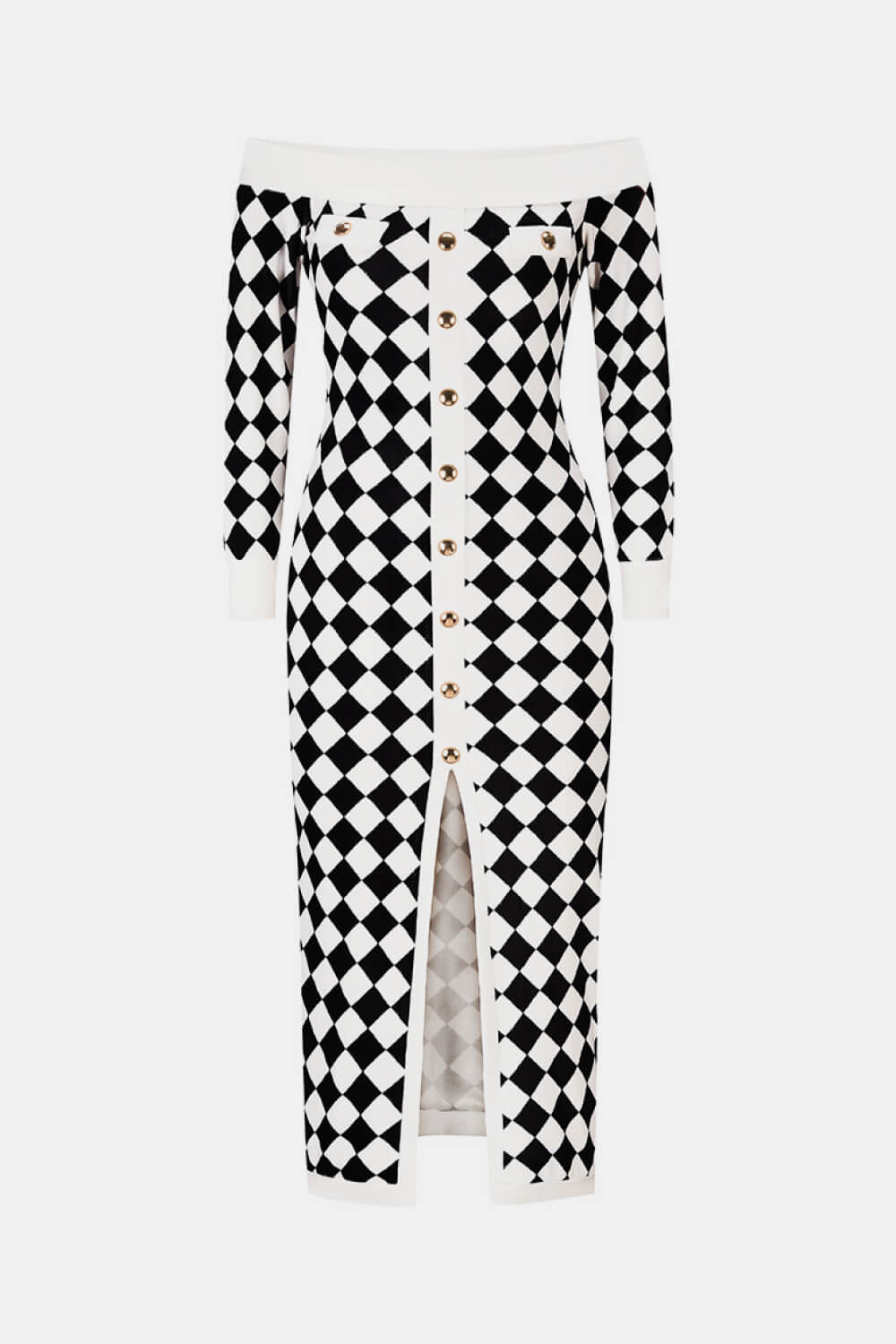 Argyle Off-Shoulder Slit Plush Midi Dress