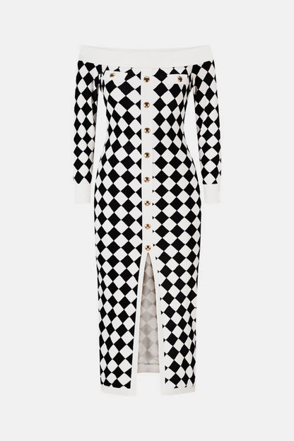 Argyle Off-Shoulder Slit Plush Midi Dress