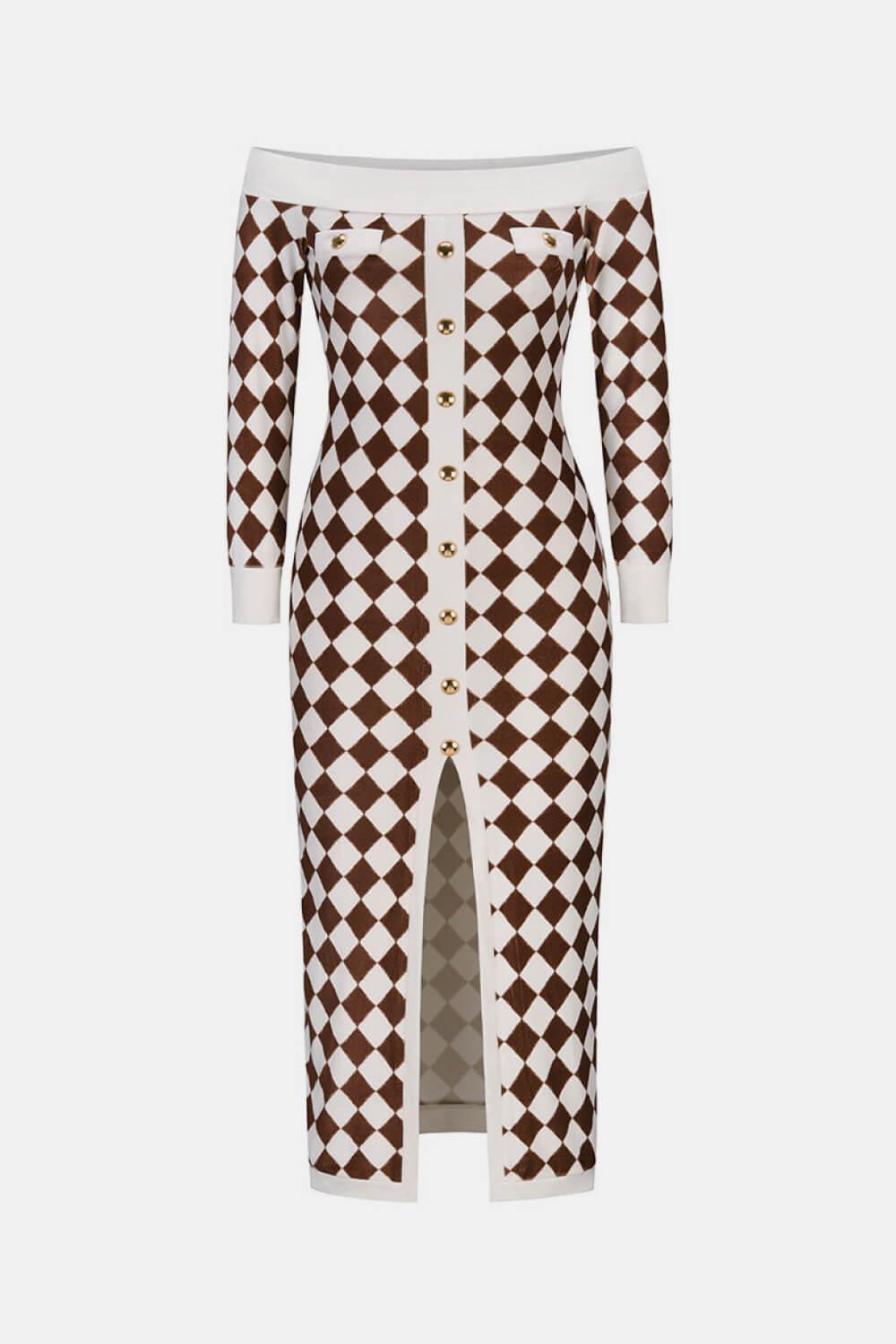 Argyle Off-Shoulder Slit Plush Midi Dress