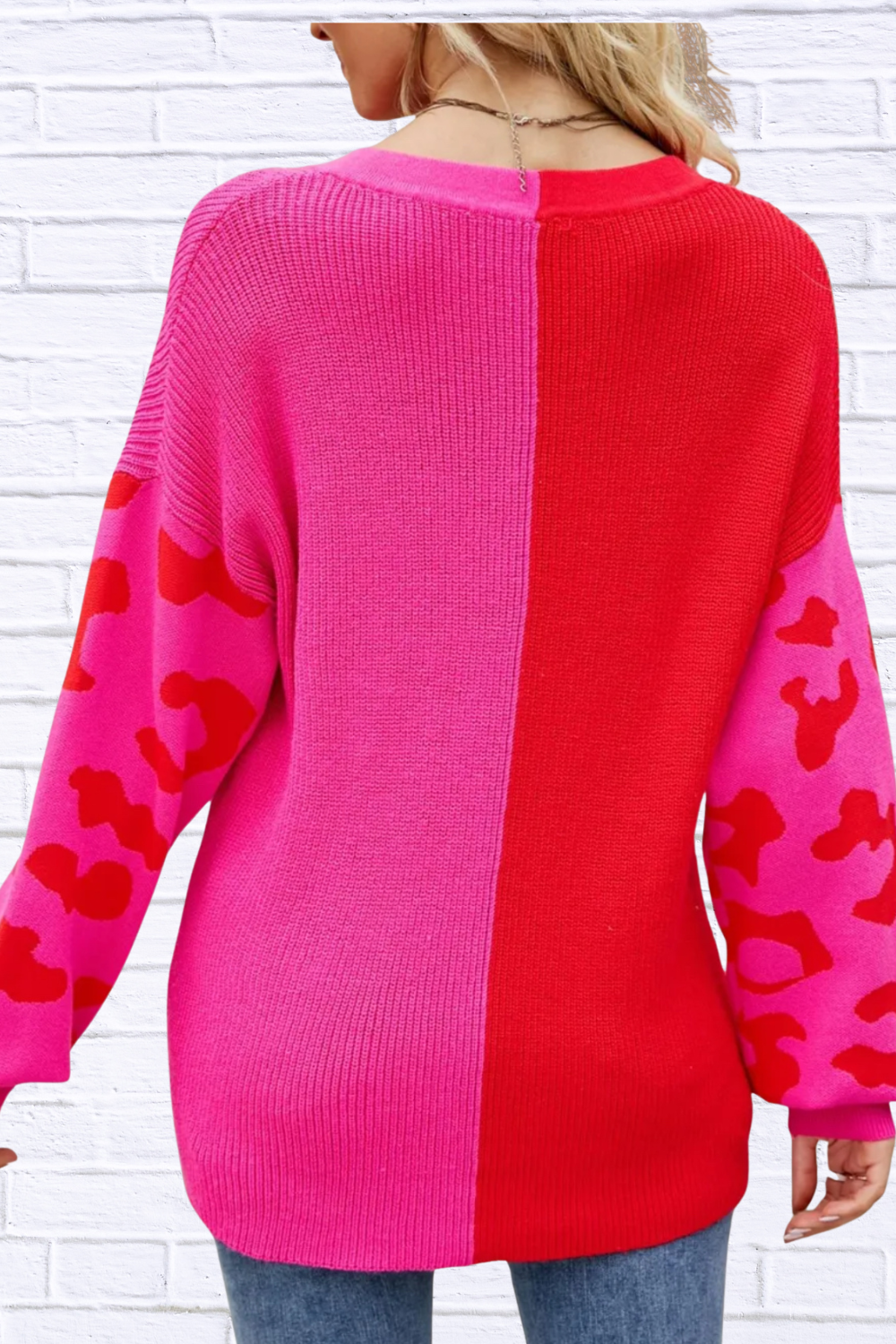 Color Block Leopard V-Neck Sweater