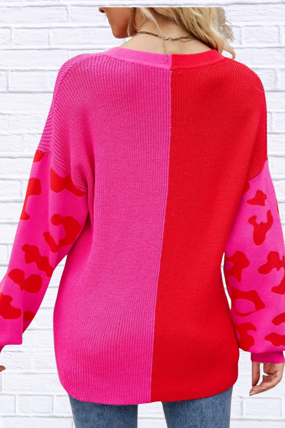 Color Block Leopard V-Neck Sweater