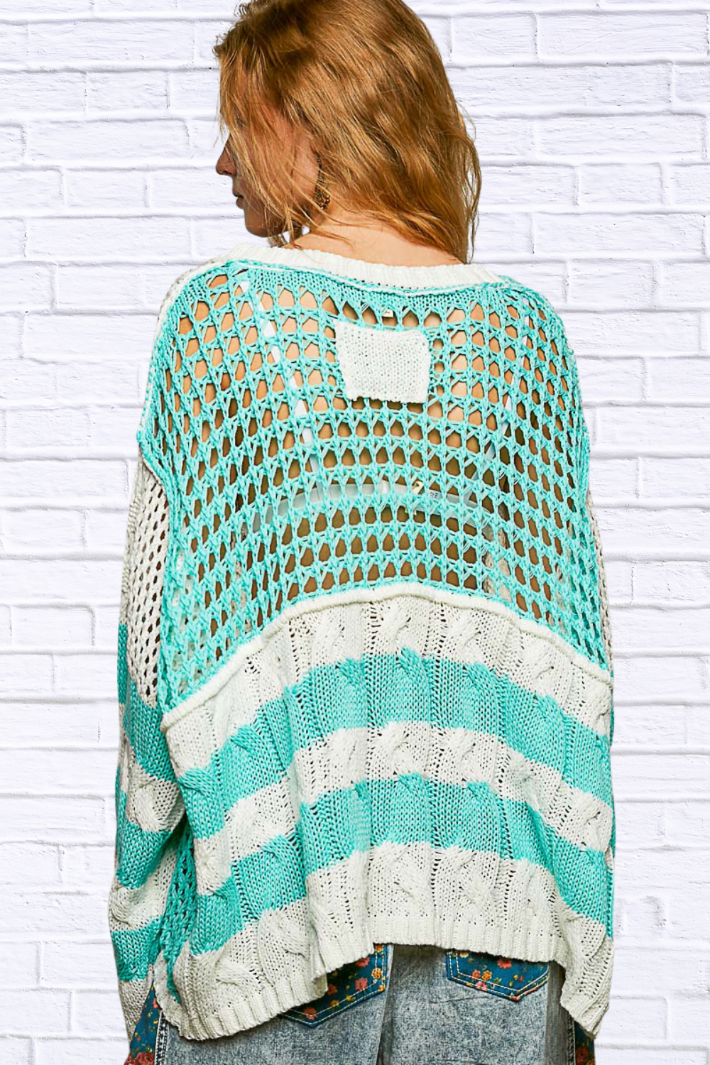 Color-Blocked Stripe Pattern Knit Top with Twisted Weave