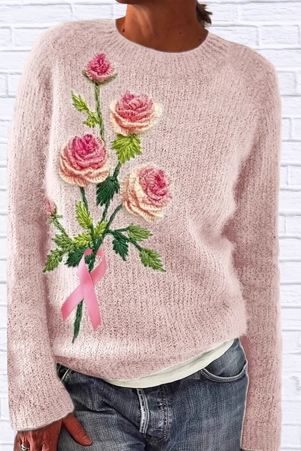 Flower Round Neck Long Sleeve Sweater Pink