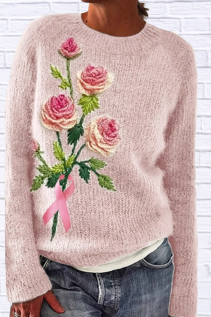 Flower Round Neck Long Sleeve Sweater Pink