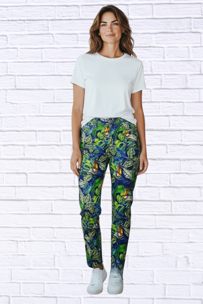 Tropical Toucan Print Slim Ankle Straight Leg Cotton Sateen Pants Multi