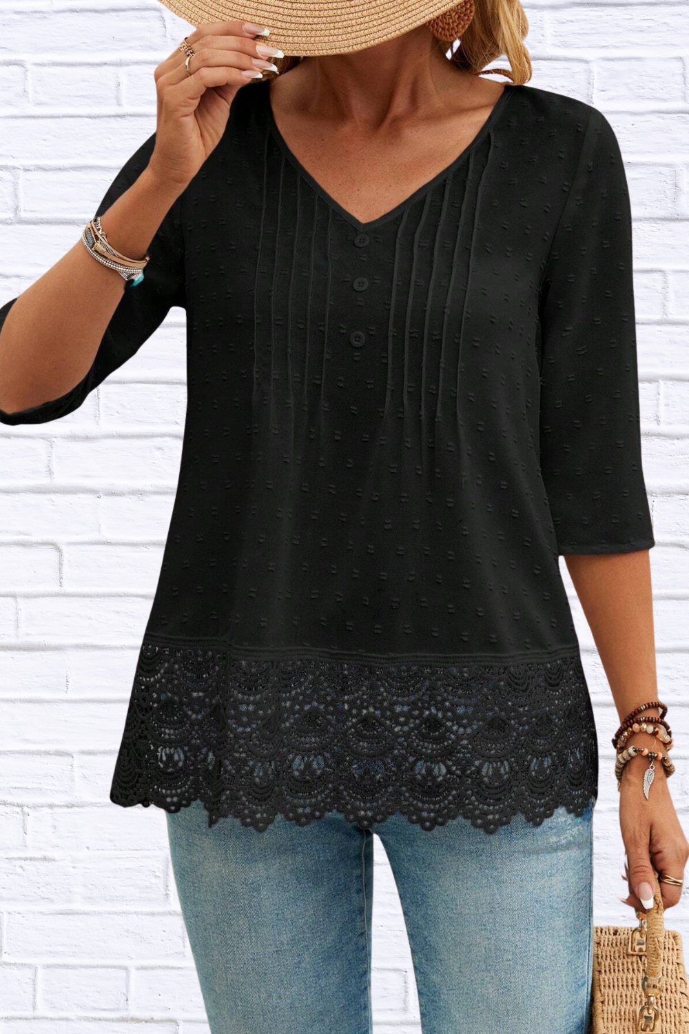 Lace Hem V-Neck Blouse