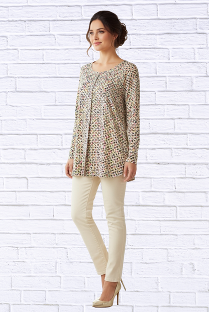 Floral Geometric Print Long Sleeve Woven Blouse – Lightweight Round Neck Tunic Top for Women green geometric