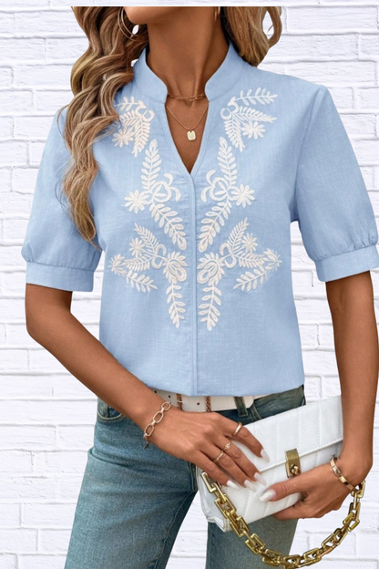 Embroidered Notched Neck Blouse for Women | Black Short Sleeve Floral
