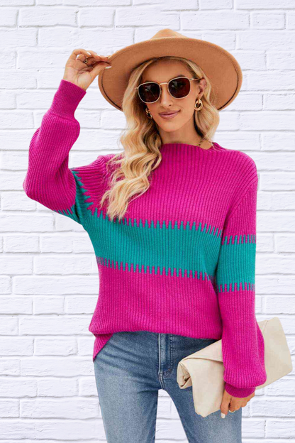 Contrast pink and Teal Round Neck Sweater Hot Pink XL