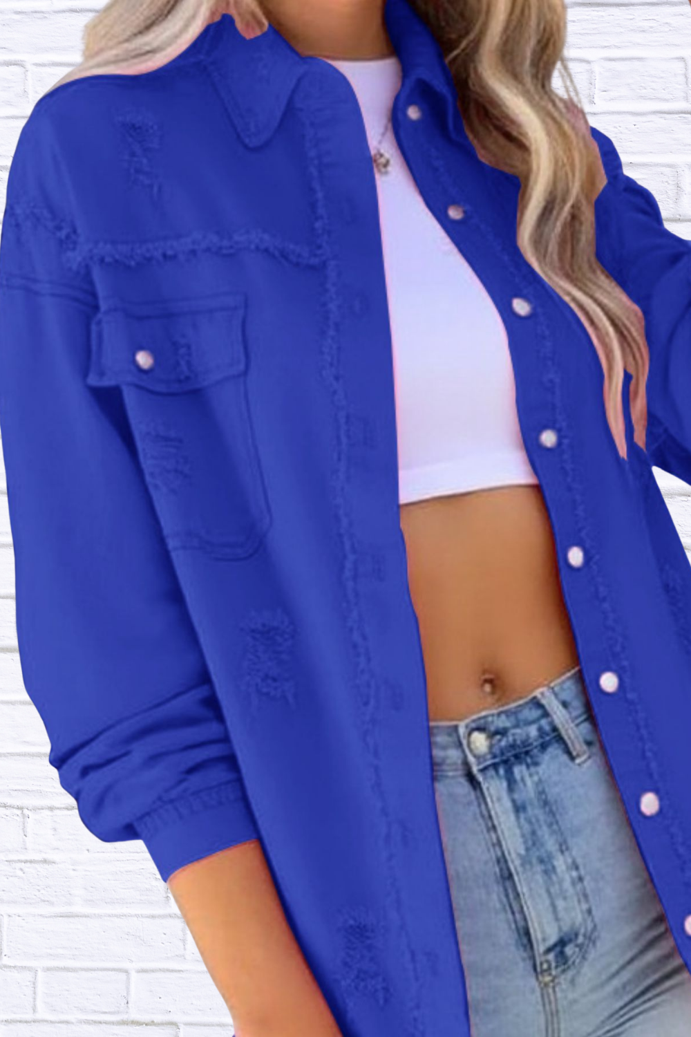 Distressed Denim Jacket with Frayed Edges