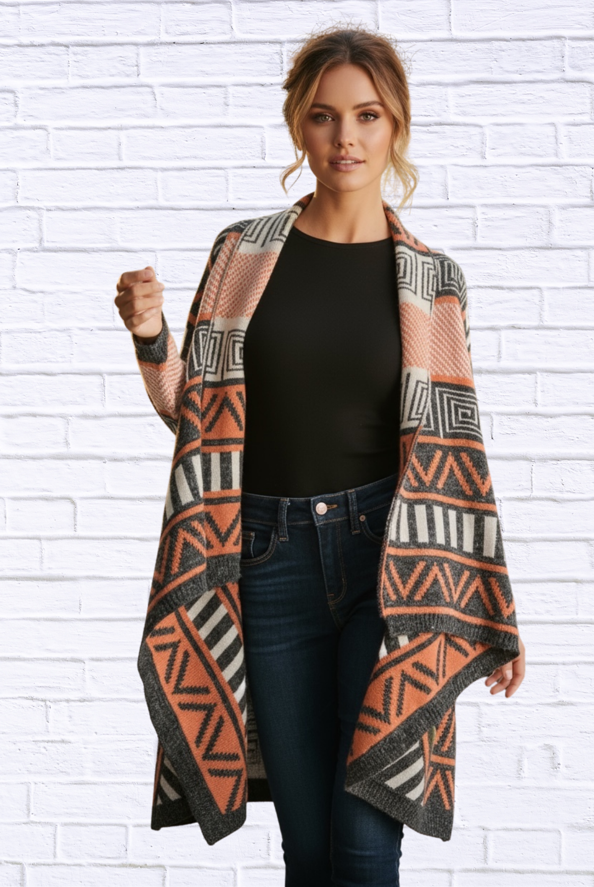 Printed Shawl Cardigan with Fringed Hem – Cozy, Stylish, and Perfect for Layering! small Rust and Black