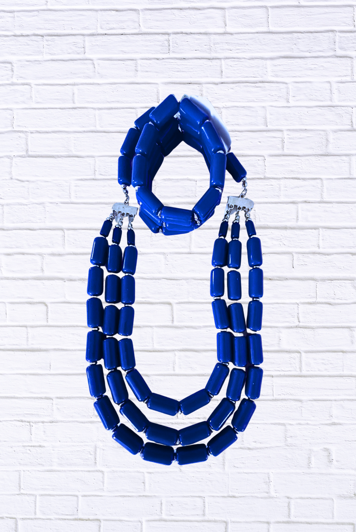 Bold Beaded Necklace & Bracelet Set – Triple Strand Statement Jewelry Royal Blue