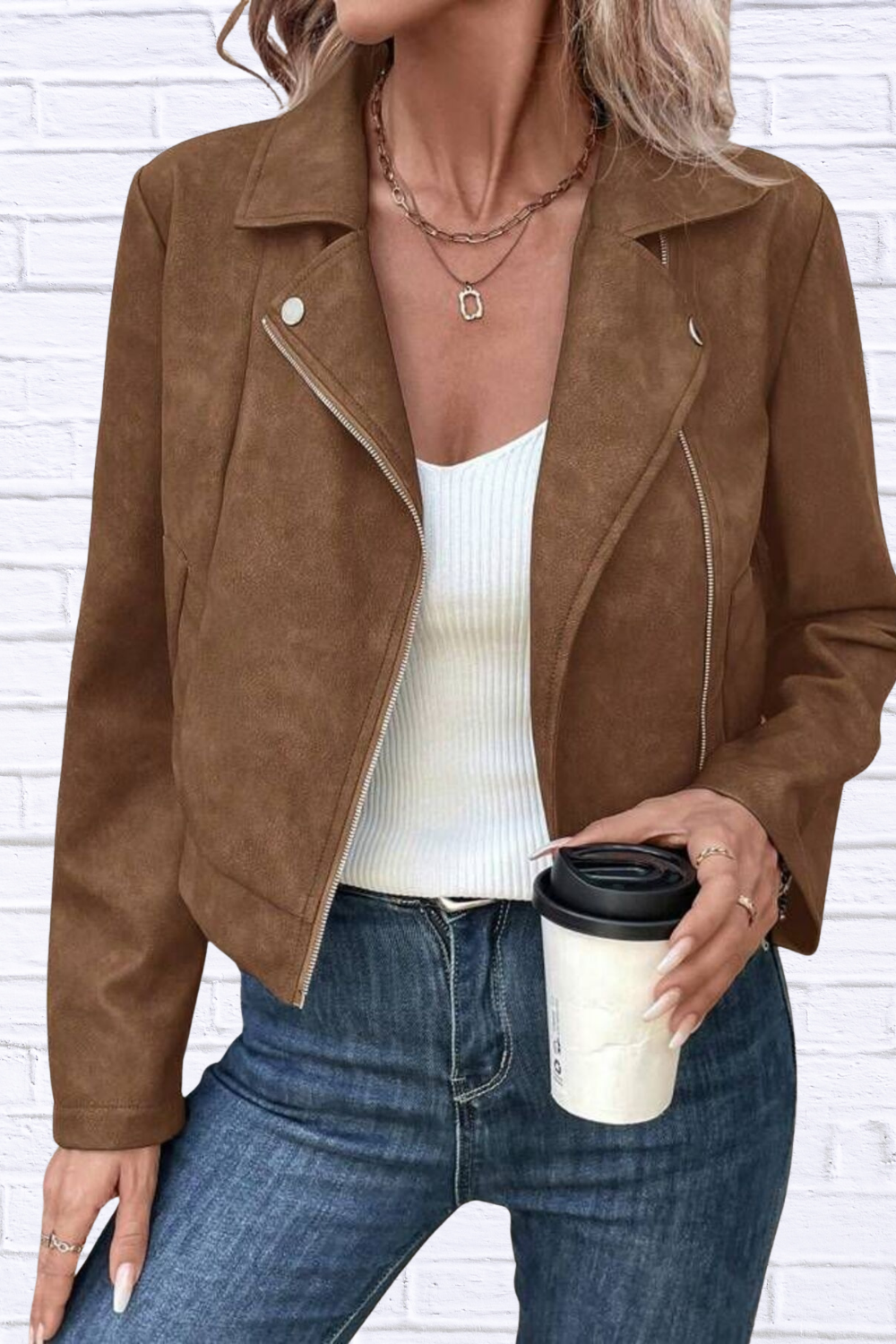Zip Up Suede Cropped Moto Jacket Brown