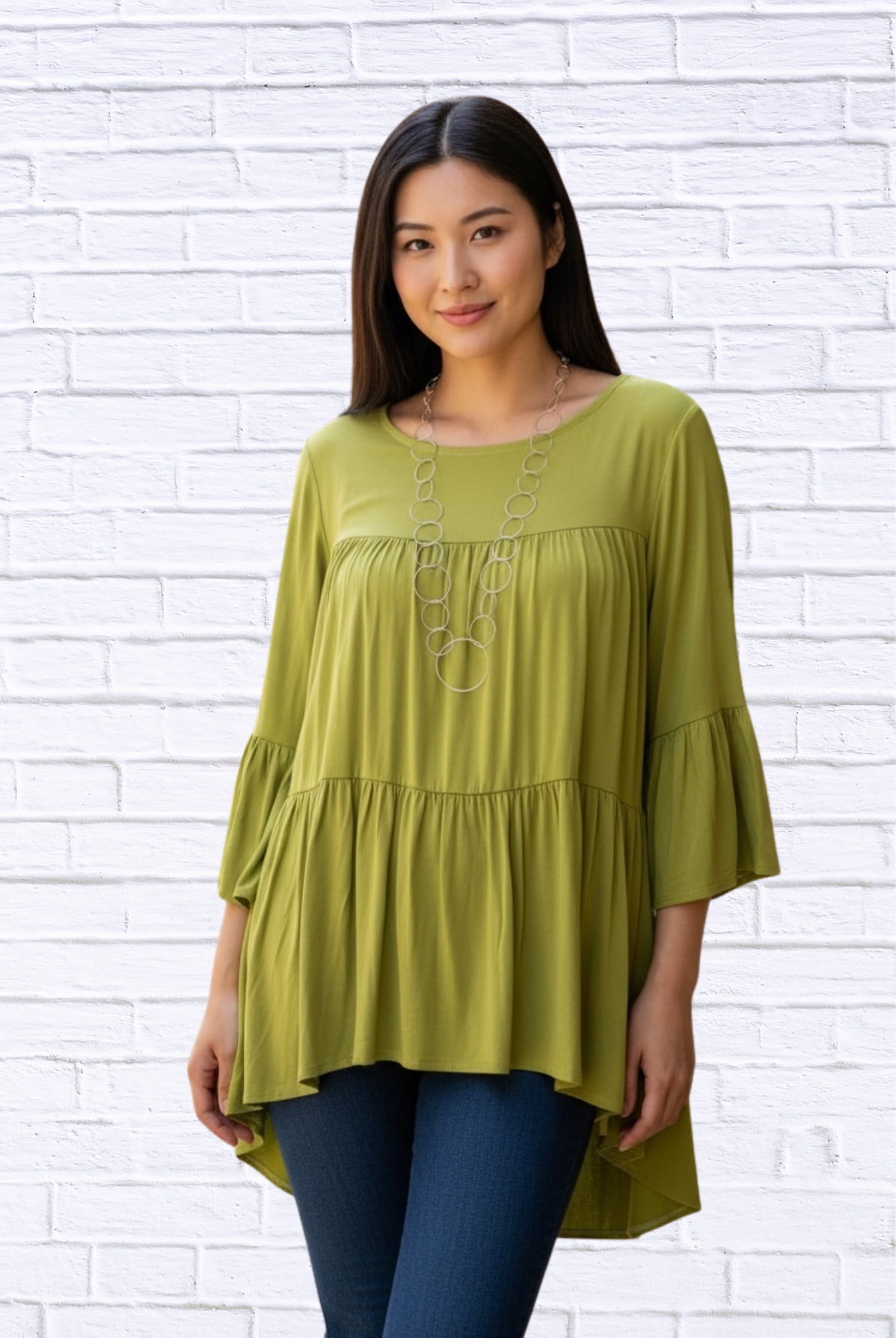Round Neck Woven Gauged Trapeze Shirt High Low