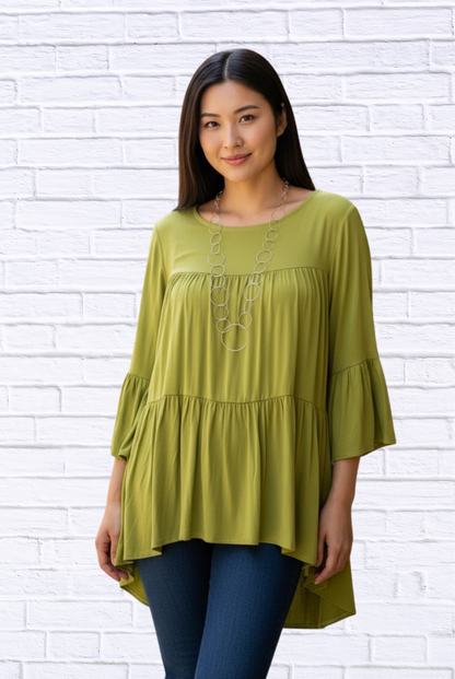Round Neck Woven Gauged Trapeze Shirt High Low
