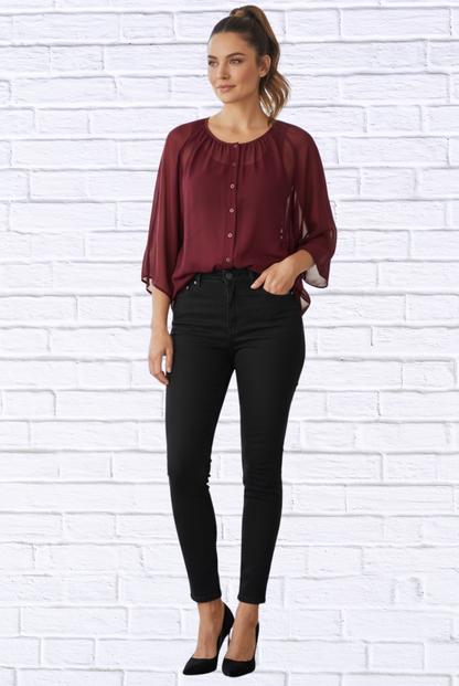Sheer Chiffon Button-Front Blouse – Lightweight 3/4 Sleeve Top with Layered Tank Look Burgundy