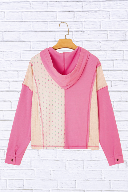 Color Block Button Detail Hoodie Pink
