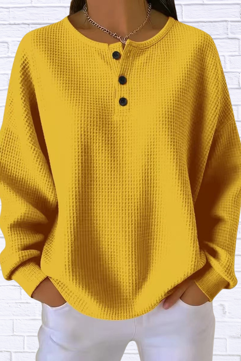 Full Size Waffle Knit Button Detail Top Plus Size Yellow