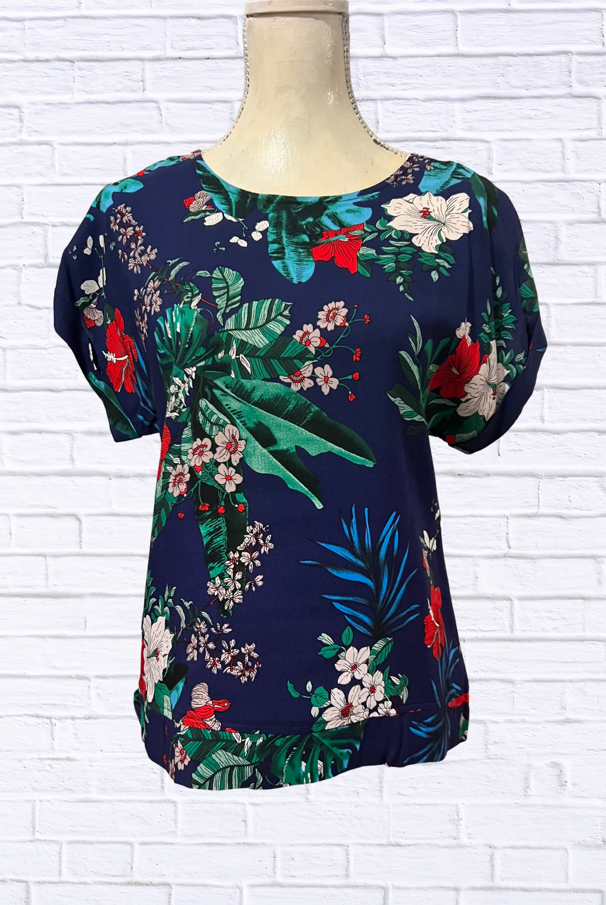 Navy Tropical Floral Viscose Blouse – Short Sleeve Round Neck Lightweight Top