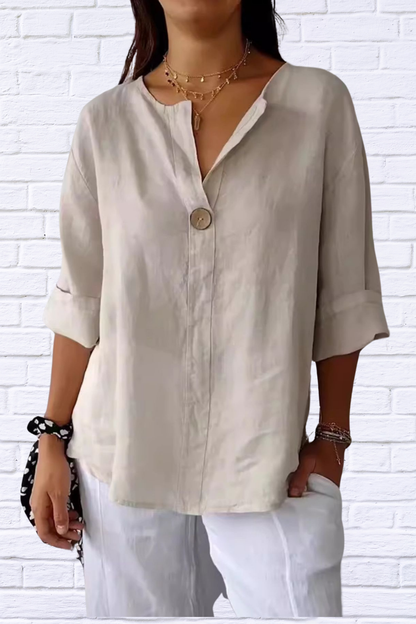 Full Size Linen Blend Notched Blouse Plus Size Apricot