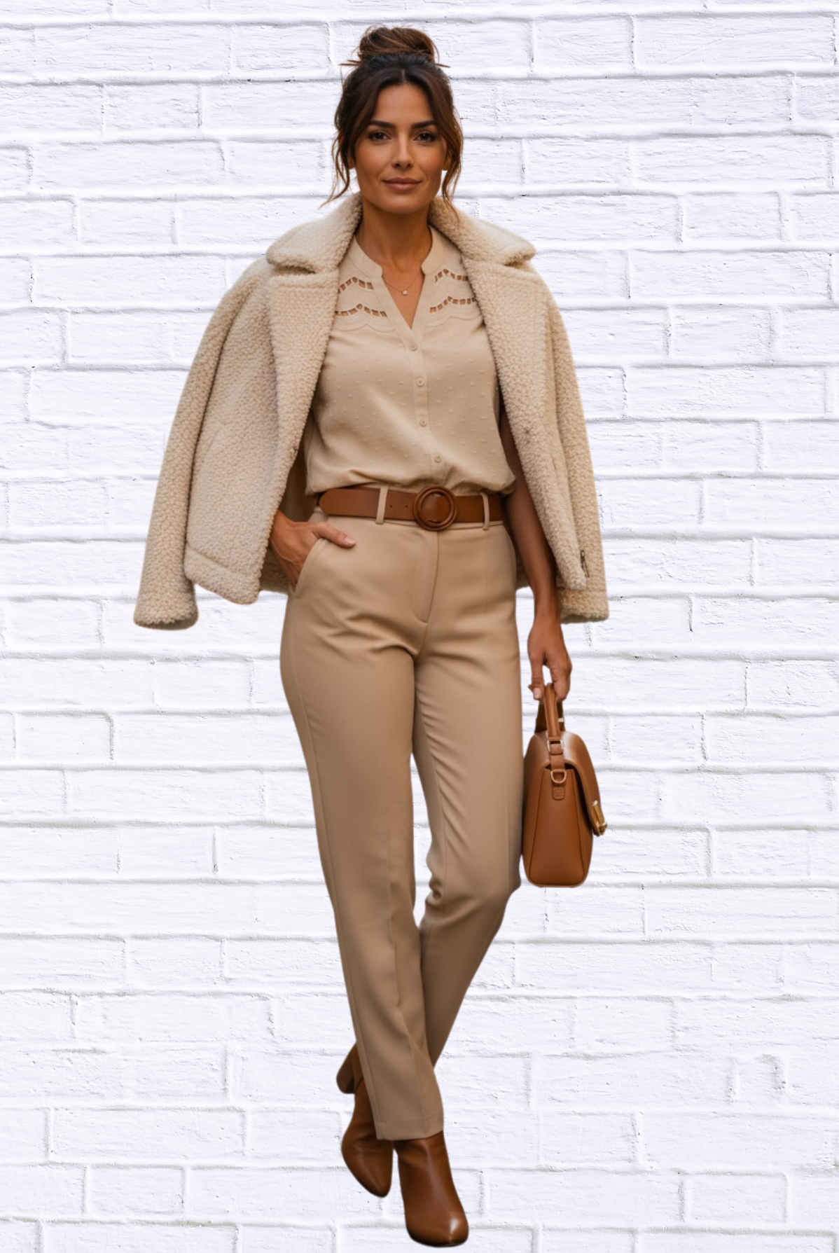 Eyelet Scallop Sleeve Button-Up Blouse – Cream Beige