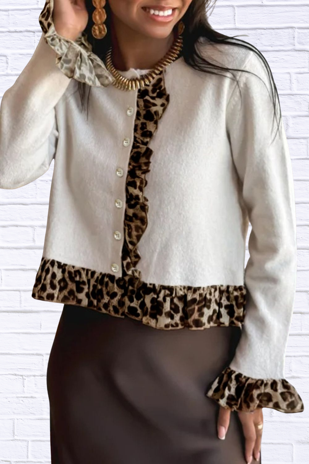 Leopard Trim Ruffle Cardigan – Buttoned Contrast Ruffle & Chic Stretch Fit
