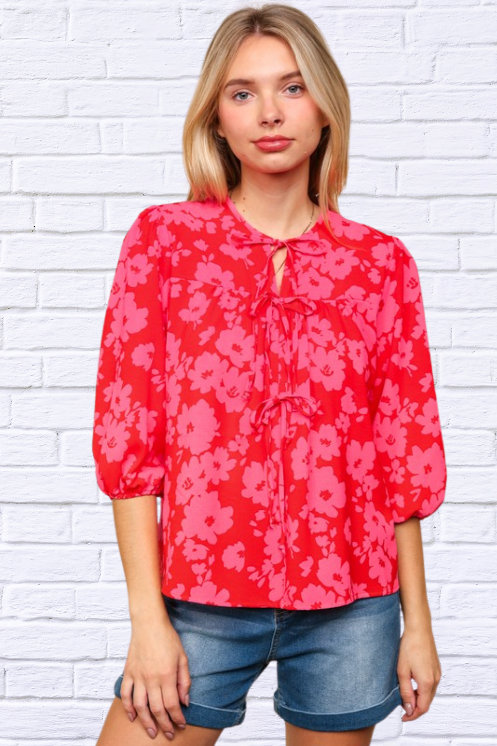 Full Size Ribbon Bow Floral Balloon Sleeve Blouse Red Pink