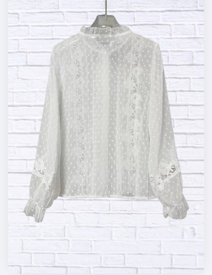 Lace Trimmed Swiss Dot Shirt