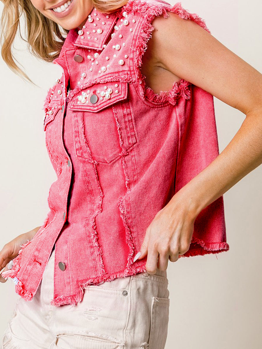 Beaded Sleeveless Buttoned Denim Top