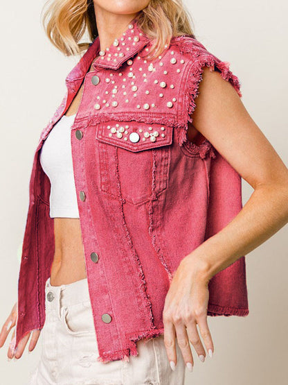 Beaded Sleeveless Buttoned Denim Top