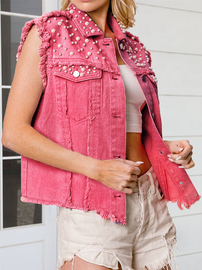 Beaded Sleeveless Buttoned Denim Top