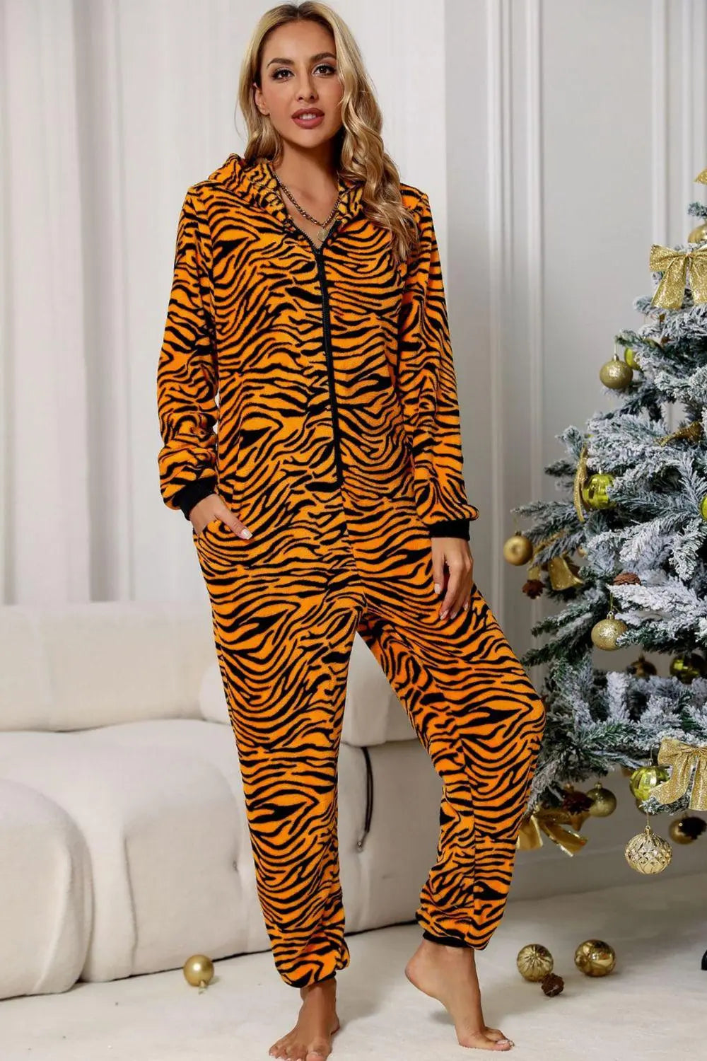Animal Print Zip-Up Hooded Flannel Jumpsuit with Pockets