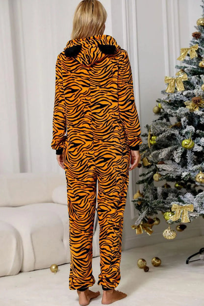 Animal Print Zip-Up Hooded Flannel Jumpsuit with Pockets