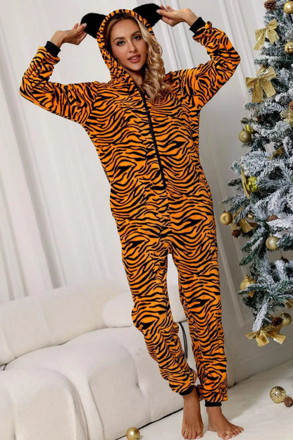 Animal Print Zip-Up Hooded Flannel Jumpsuit with Pockets