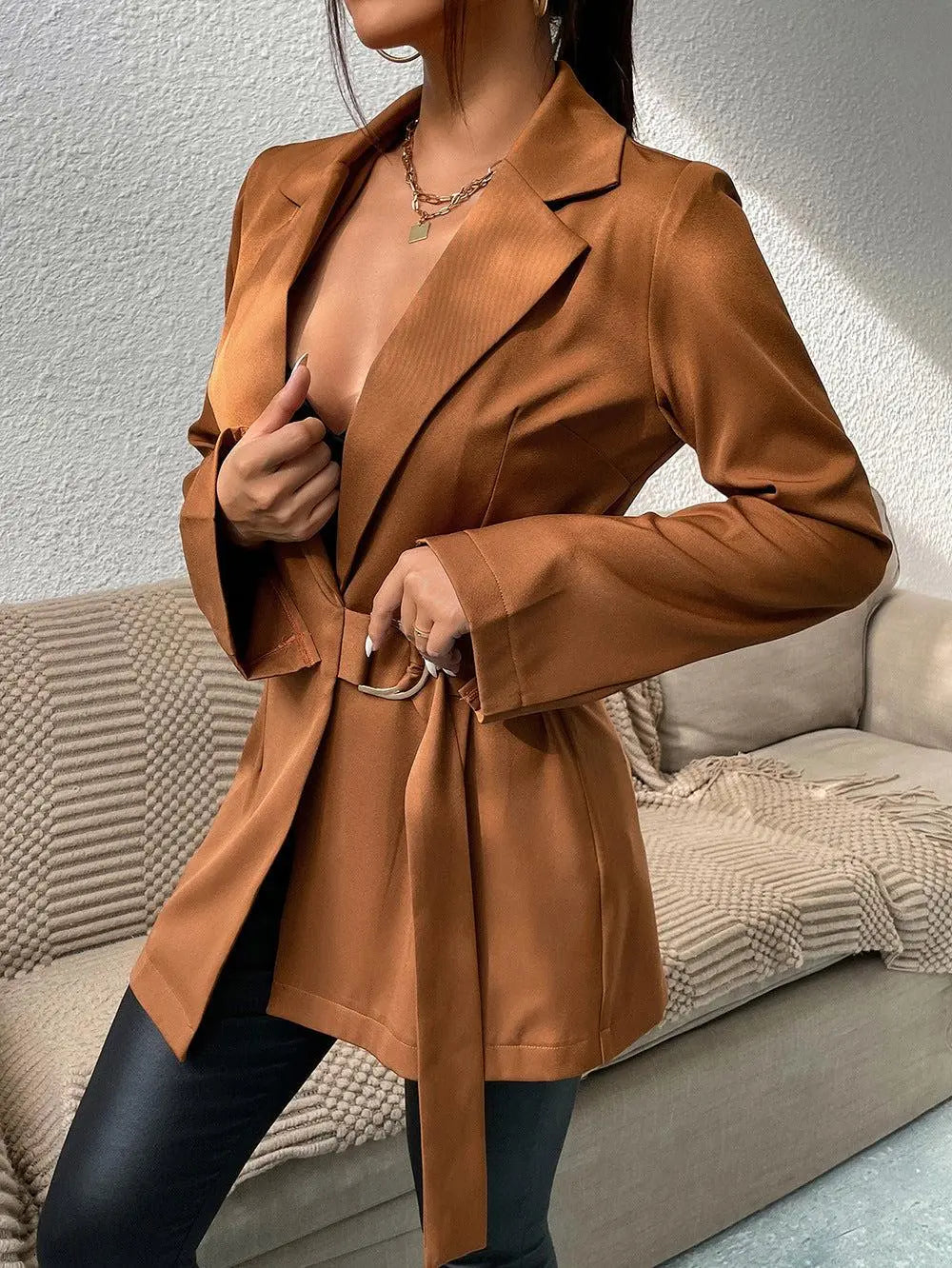 Belted Slit-Cuff Longline Blazer