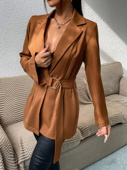 Belted Slit-Cuff Longline Blazer