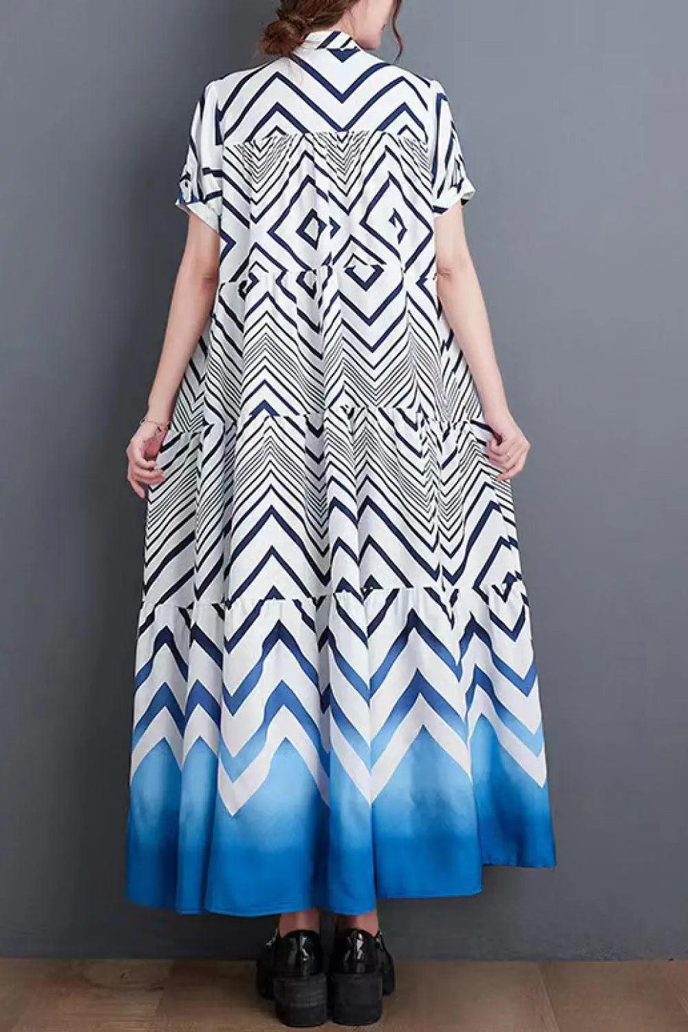 Chevron Stripe Puff Sleeve Tiered Maxi Dress