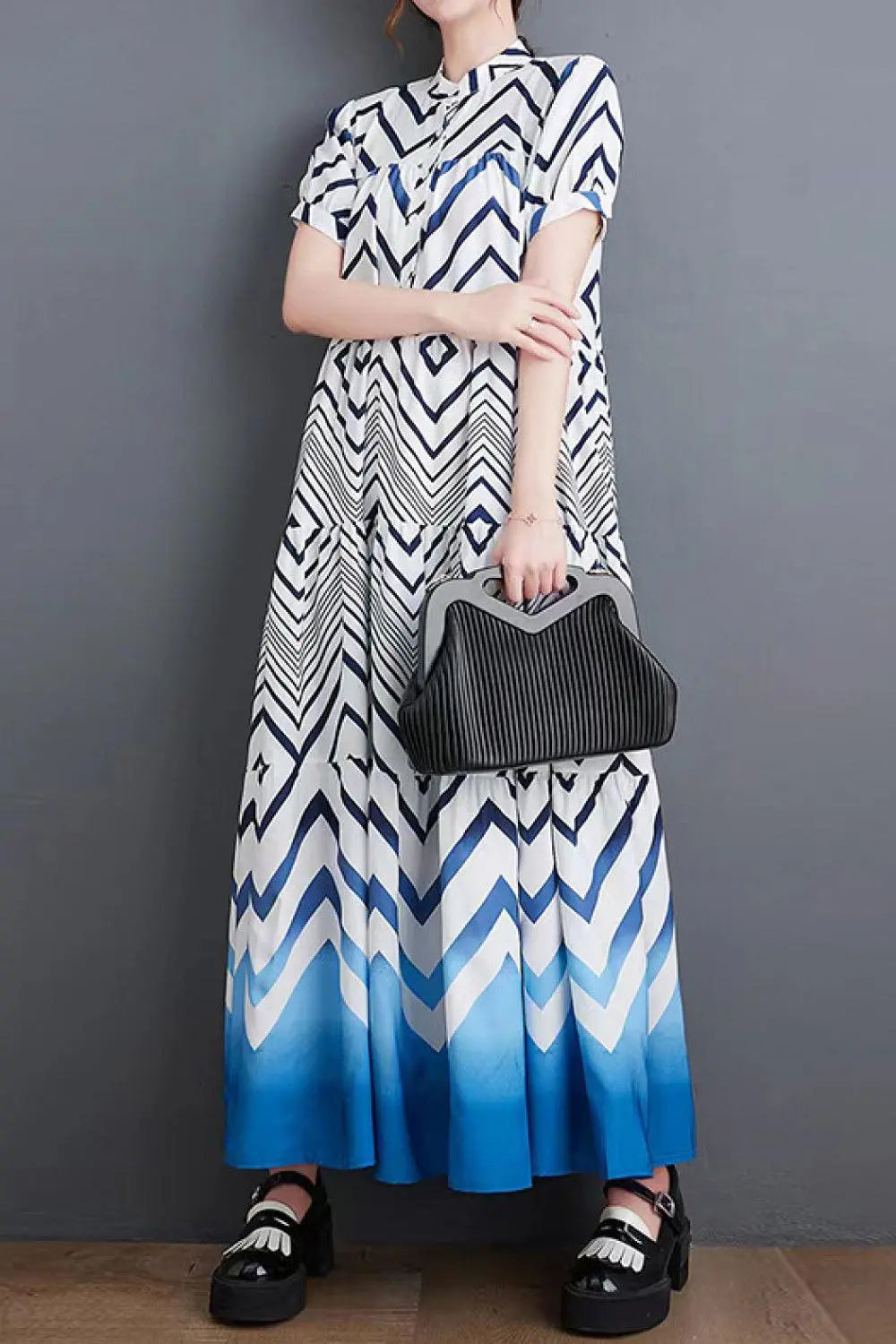 Chevron Stripe Puff Sleeve Tiered Maxi Dress