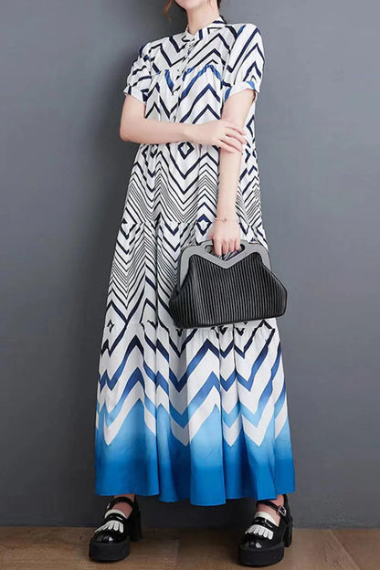 Chevron Stripe Puff Sleeve Tiered Maxi Dress