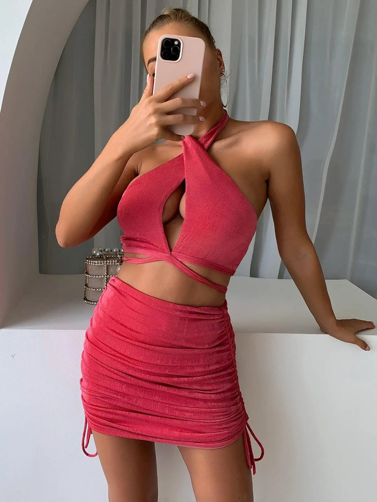 Halter Neck Cropped Top and Drawstring Ruched Skirt Set